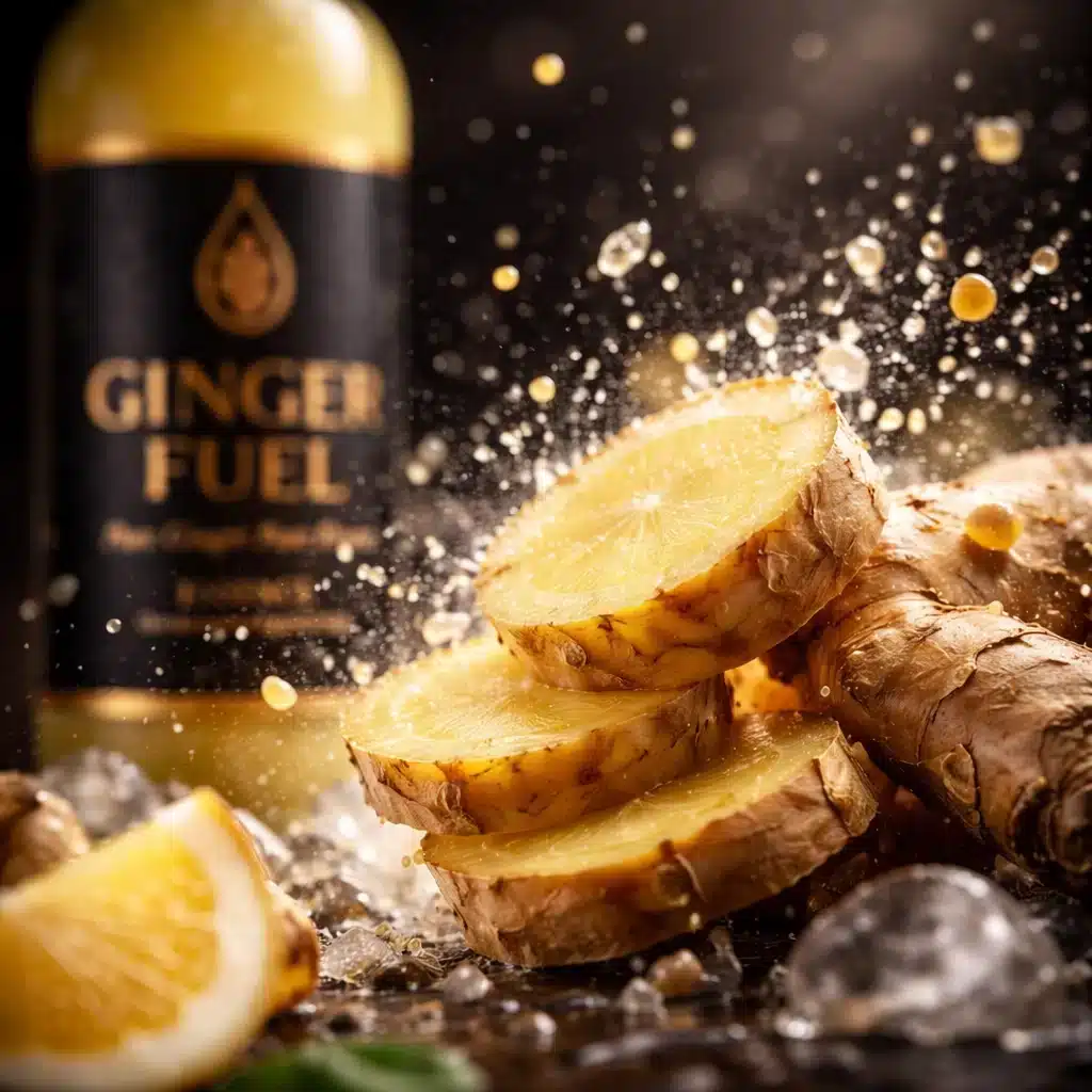 Close-up van verse gemberschijfjes met spatdruppels, met een fles Gingerfuel Essence onscherp op de achtergrond.