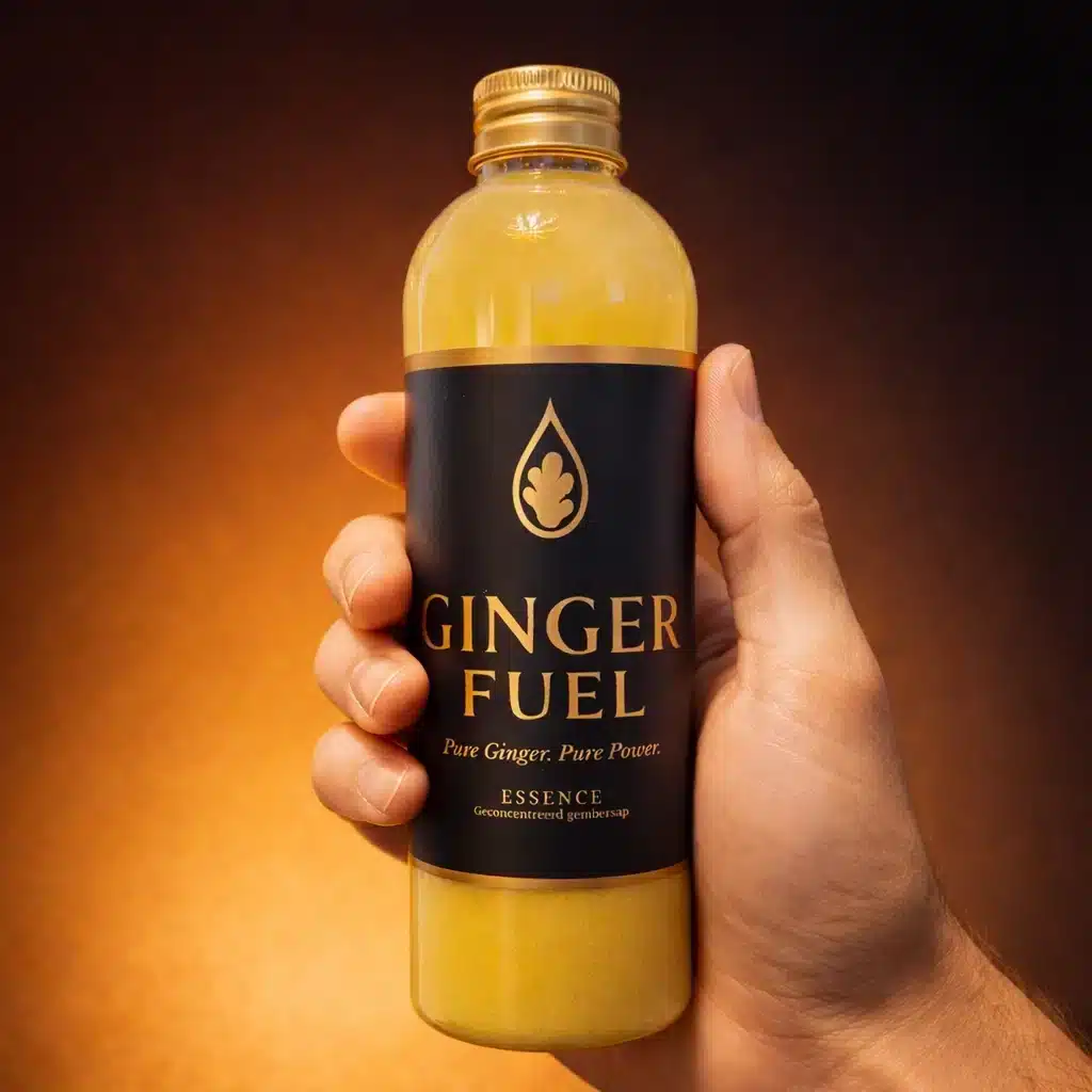 Hand die een fles Gingerfuel Essence met geconcentreerd gembersap vasthoudt tegen een warme achtergrond.