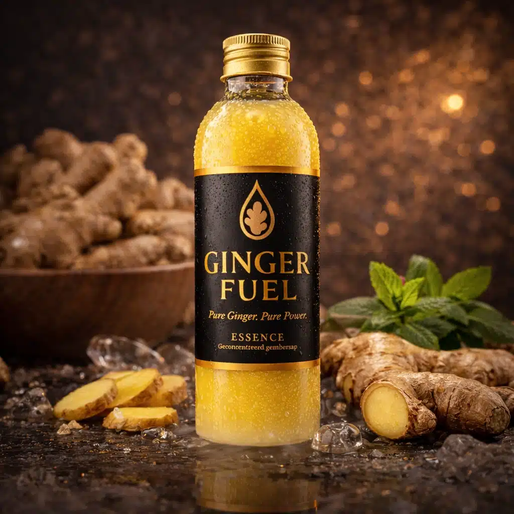 Fles Gingerfuel Essence met geconcentreerd gembersap, omringd door verse gember, ijs en munt op een donkere achtergrond.
