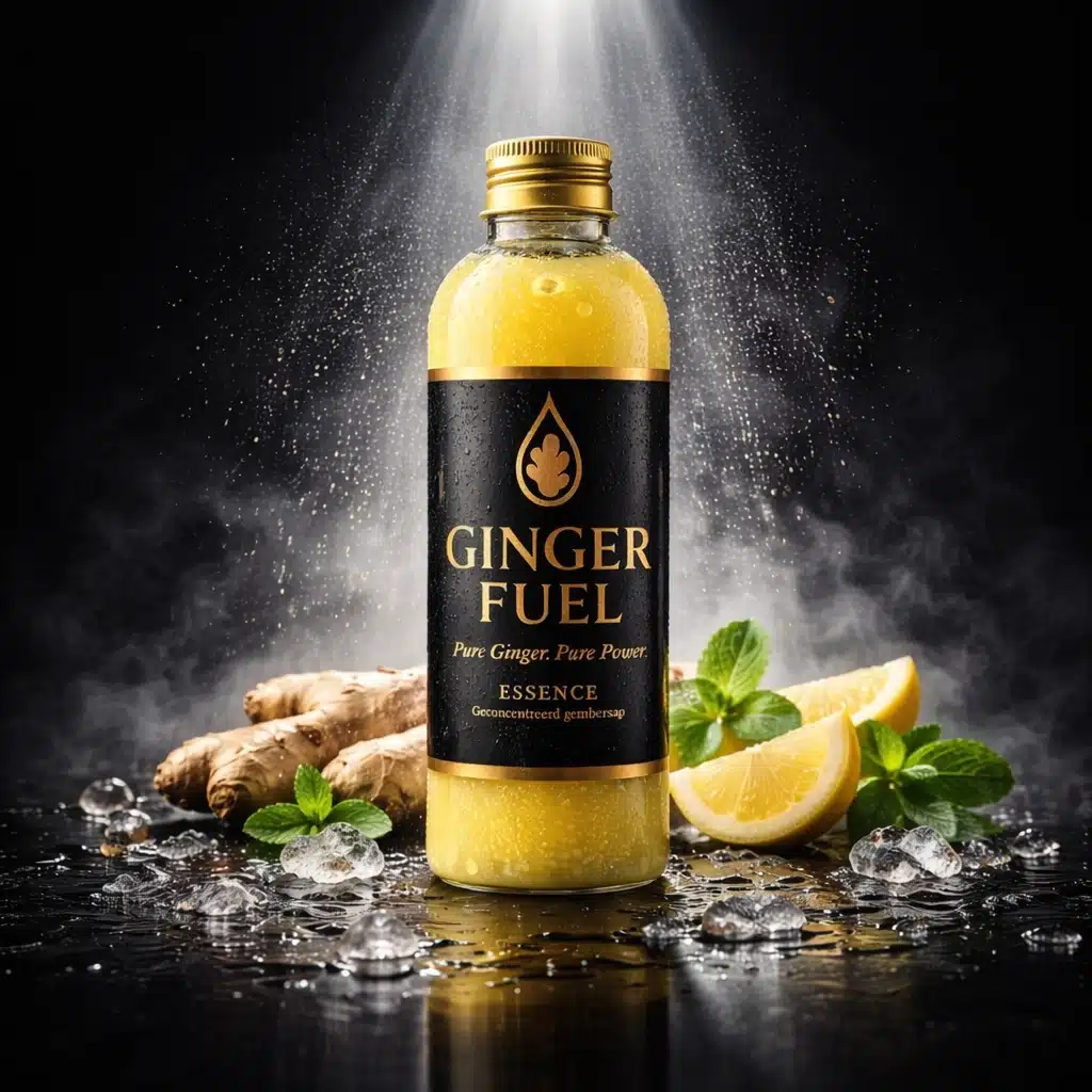 gingerfuel essence fles met zwarte achtergrond met nevel