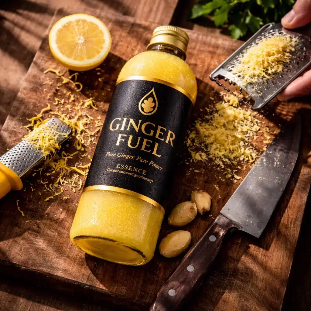 Fles Gingerfuel Essence op een houten snijplank, omringd door geraspte gember, citroen en keukengerei.