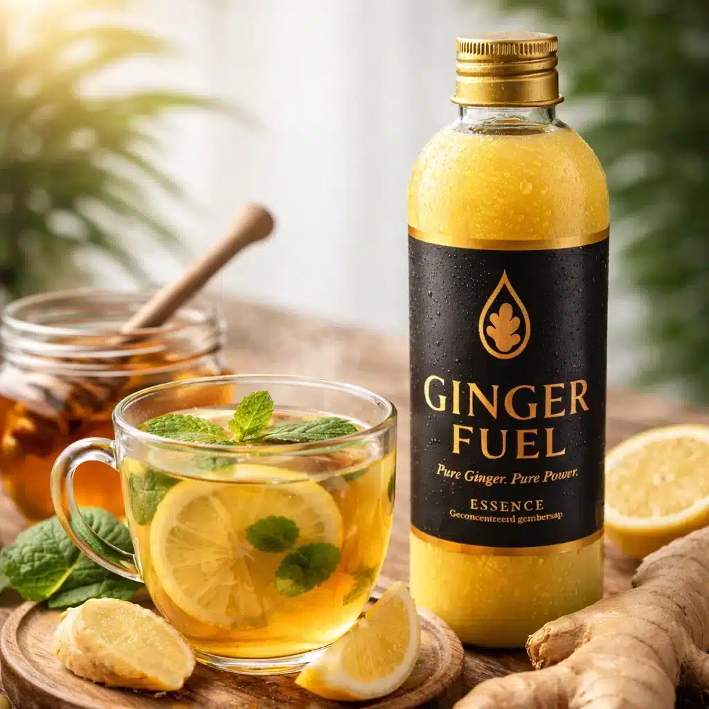 Fles Gingerfuel geconcentreerd gembersap op een houten tafel, naast een glazen kopje dampende citroen-gemberthee met verse munt, citroenschijfjes, gemberwortel en een pot honing op de achtergrond.