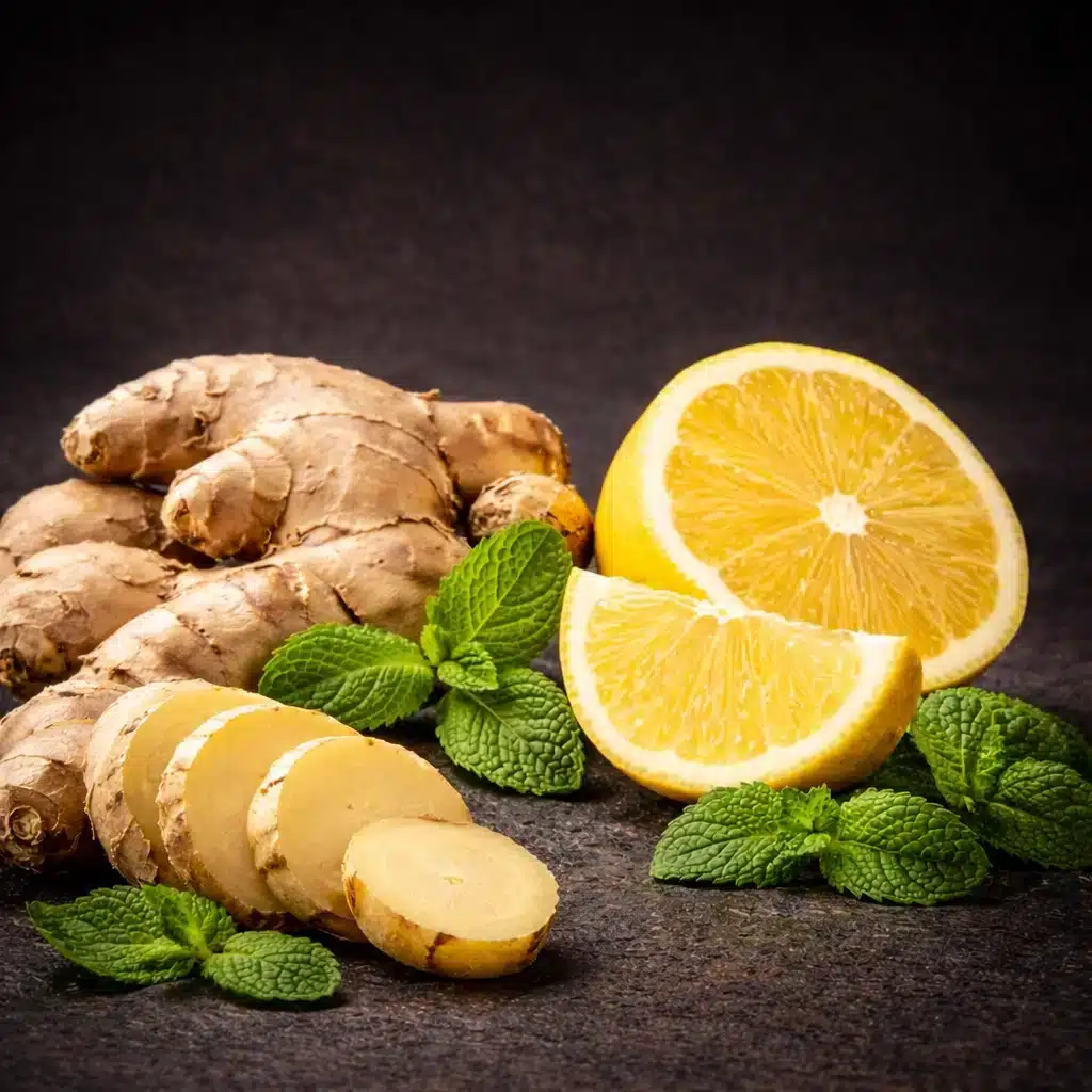 Verse gemberwortel met plakjes, citroenhelften en muntblaadjes op een donkere achtergrond – ideaal voor thee, detoxdrankjes en gezonde recepten.