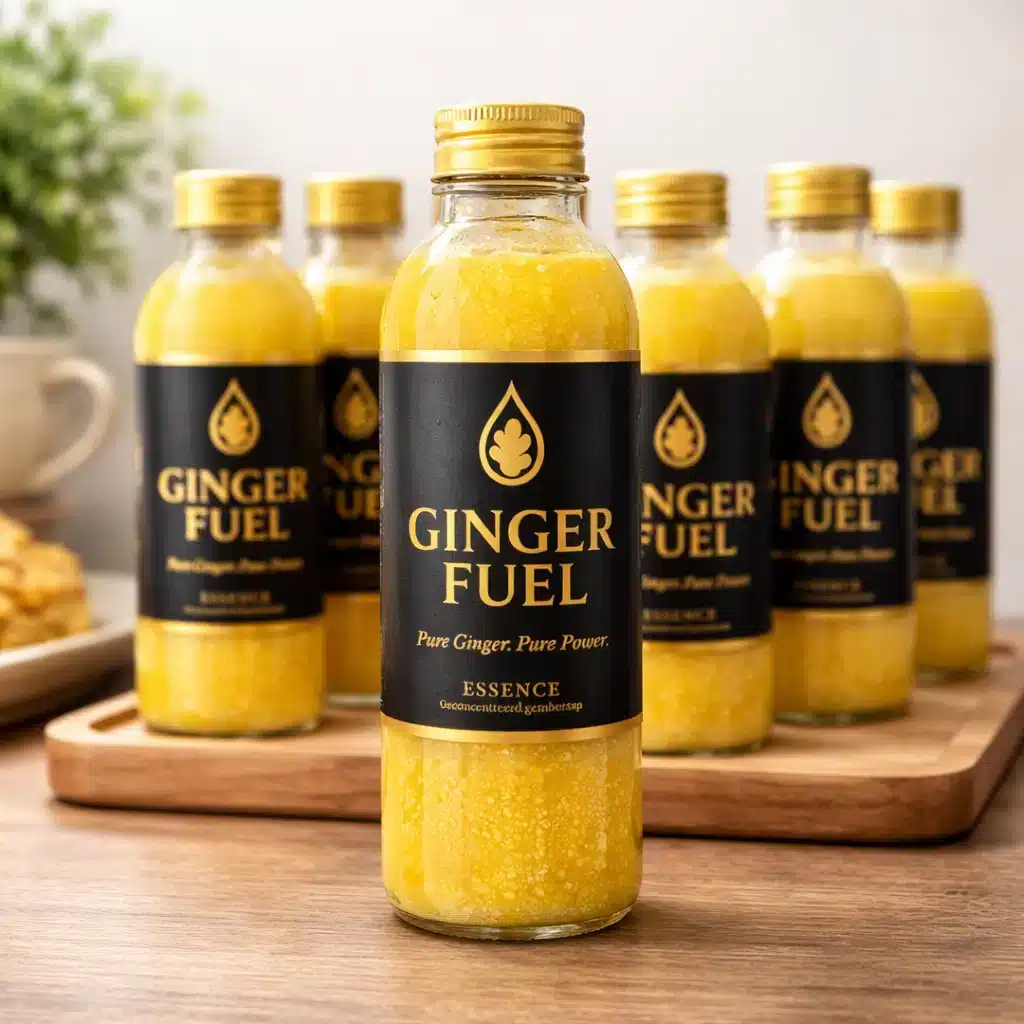 Een close-up van een Ginger Fuel-fles met helder leesbaar zwart-gouden etiket, gevuld met gele geconcentreerde gembersap. De fles staat op een houten tray, omringd door meerdere identieke flessen in een warme, kleinschalige en ambachtelijke setting.